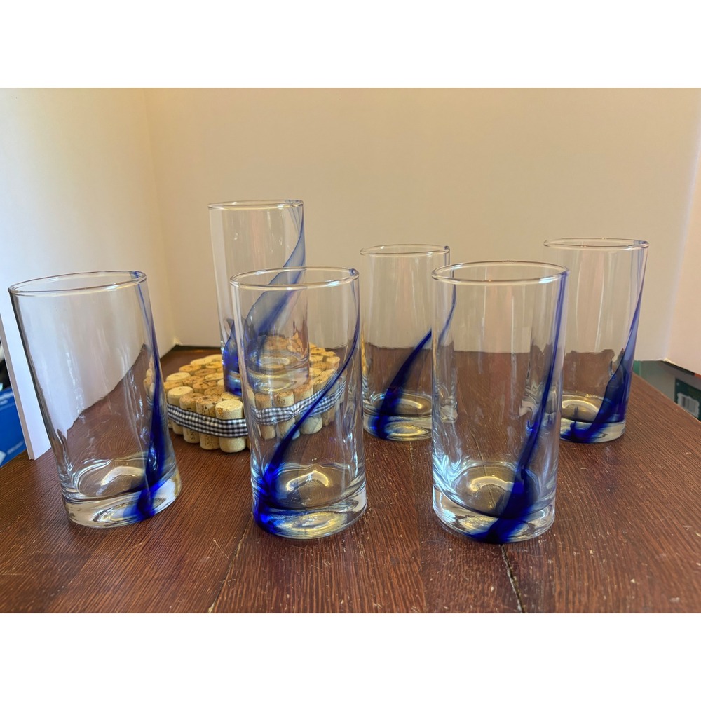Set of 6 Cobalt Blue Swirl Highball Glasses Clear Glass Water Tumblers 6.25in